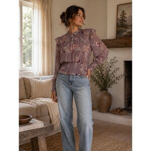 Oak & Trellis Blouse Womens Medium Purple Floral Cottagecore Boho Romantic